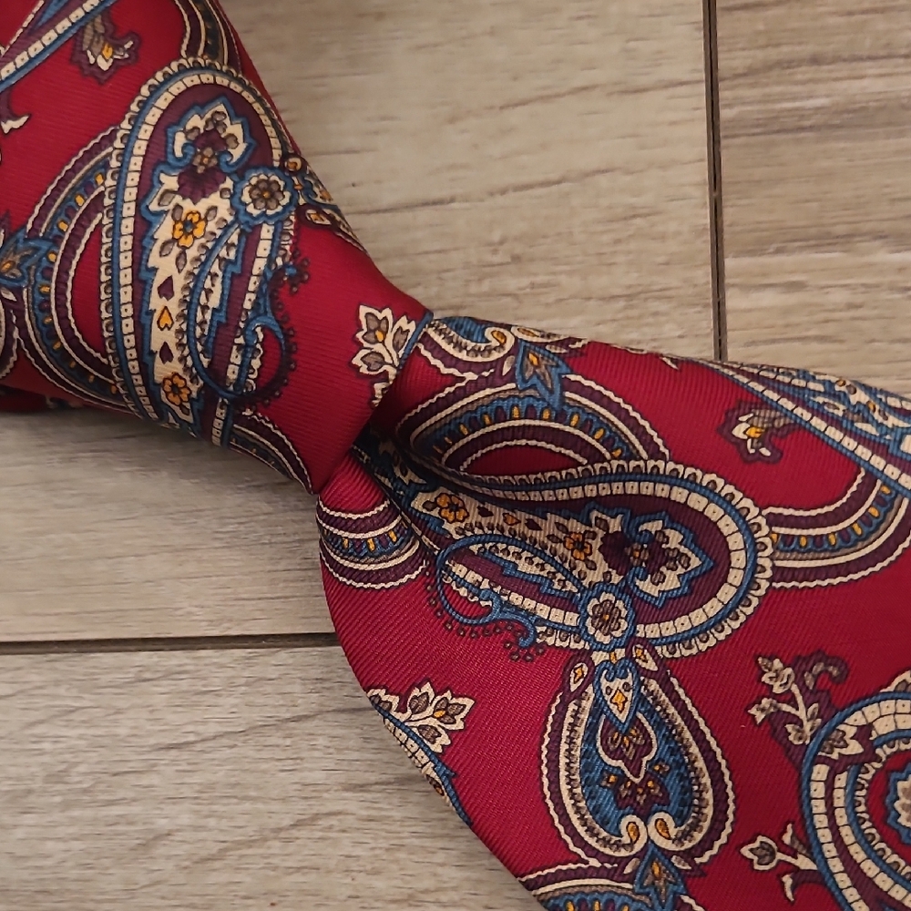 POLO RAPH LAUREN‎ Red Beige Paisley USA Hand Made Mens Silk Tie VTG
